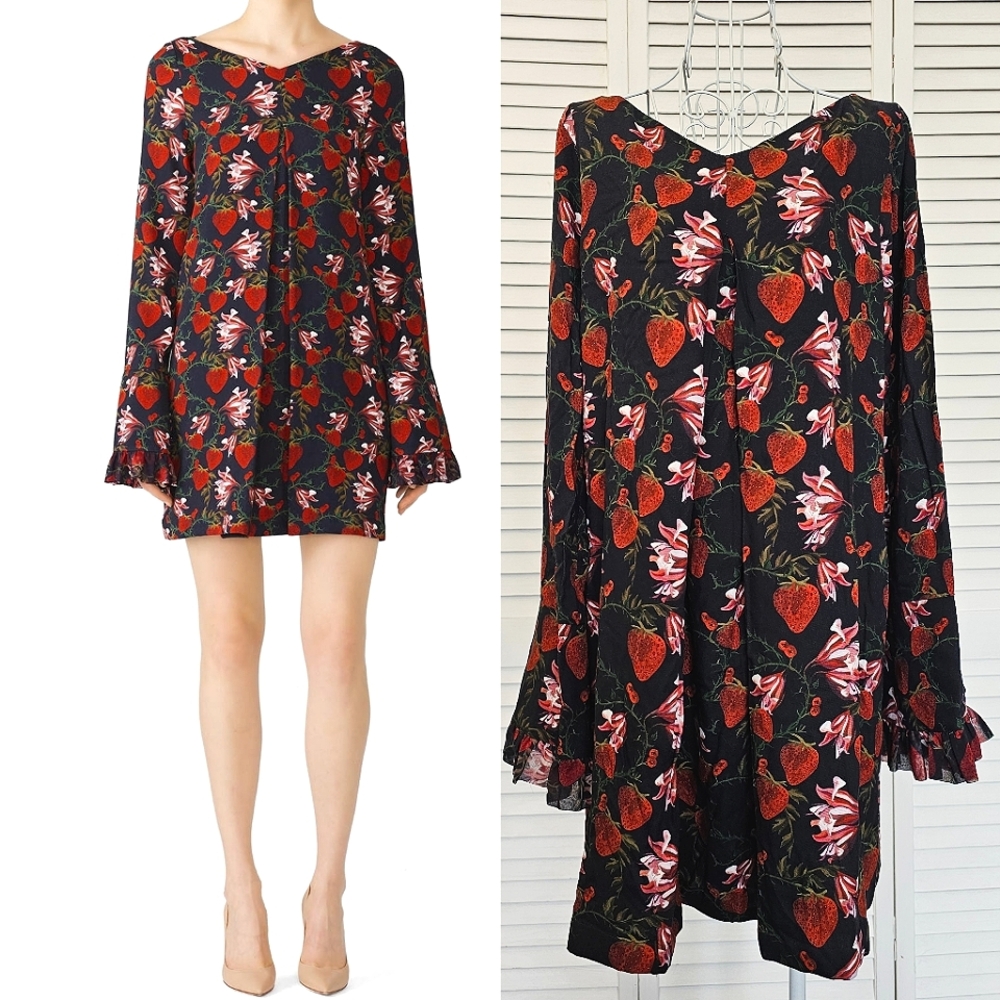 NWT Mother Of Pearl V-neck Dress Pleated Cuff Strawberry Floral Size 10